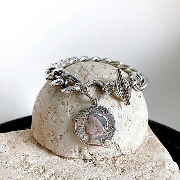Silver Caesar Coin Charm Bracelet with Toggle Clasp Cuban Chain Link - Picture 5 of 7